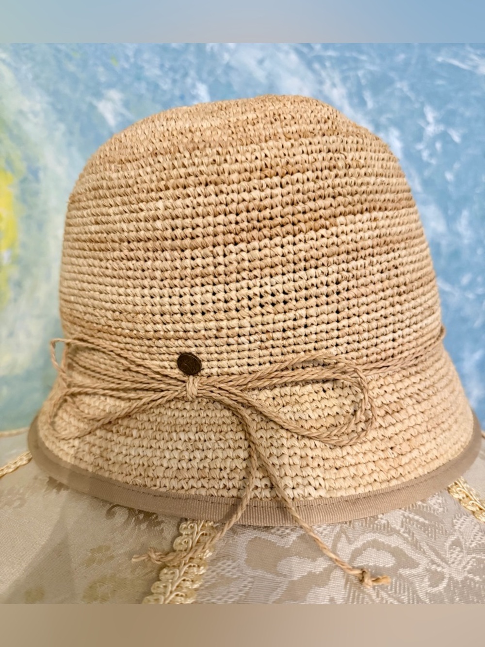 Raffia Sun Hat in Natural Tan with Bow